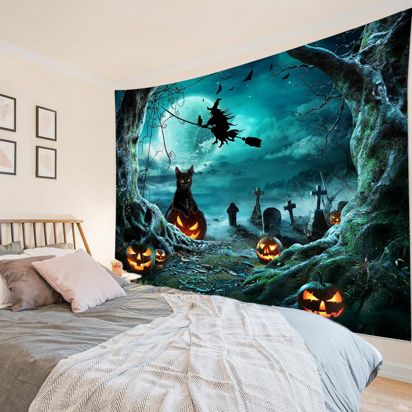 LB Halloween Tapestry Pumpkins Black Cat Dead Tree in Spooky Graveyard Full Moon Night with Witch Halloween Wall Hanging for Bedroom Living Room Dorm Decor 92.5x70.9 Inch
