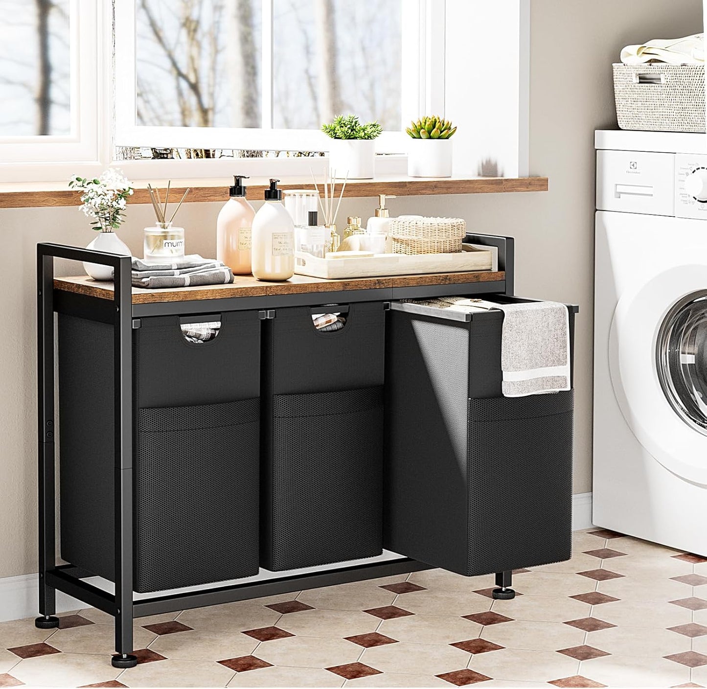 Lulive Laundry Hamper, Laundry Basket Organizer with 3 Pull-Out Removable Bags & Large Top Shelf, 3 × 12.5 Gal (142L) Freestanding Laundry Sorter 3 Sections for Laundry Room, Bathroom and Dorm