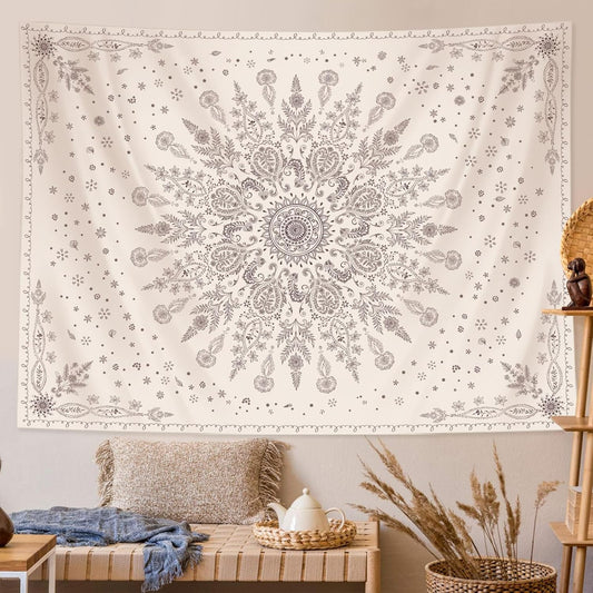 Lunerfex Boho Floral Tapestry Mandala Wall Tapestry, Cute Tapestries for Bedroom Beige Flower Tapestries Wall Hanging for Bedroom Living Room Decor Beige-1 70"x90"
