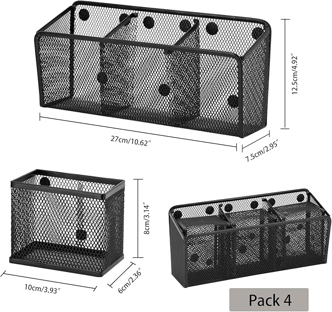 Neudeco Magnetic Pencil Holder, Locker Shelf Organizer, Metal Storage Basket for Whiteboard, Refrigerator, Ideal Cabinet for School, Black (Pack 4)