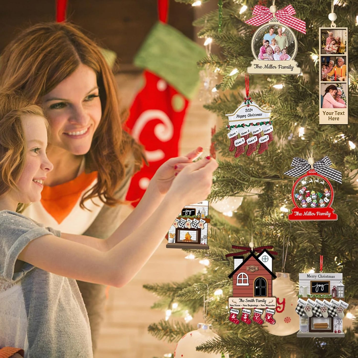 Personalized Christmas Ornaments with Names of 2/3/4/5/6/7/8 Custom Family Ornament Customized Xmas Tree Hanging Wood Decoration Gift White Fireplace