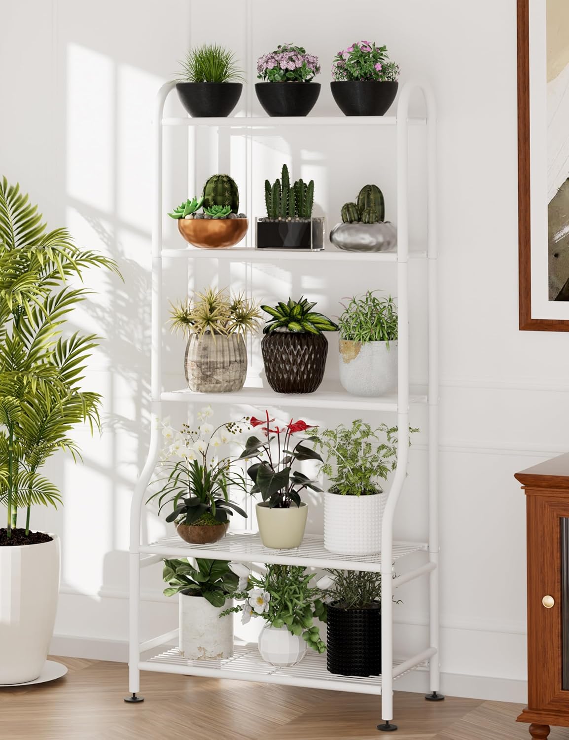 5-Tier Metal Plant Stand Indoor Outdoor, Waterproof Flower Stand for Multiple Pots, Heavy Duty Plant Stands for Living Room Patio Garden Decor, Tall Plant Shelf with Leveling Feet, White