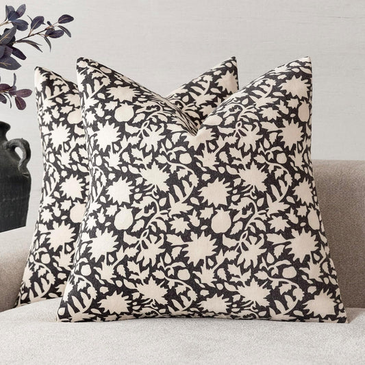 Foindtower Set of 2 Decorative Neutral Floral Throw Pillow Covers Accent Farmhouse Cushion Covers Boho Vintage Pillowcase for Couch Sofa Bedroom Living Room Home Decor Outdoor22×22 Inch,Black
