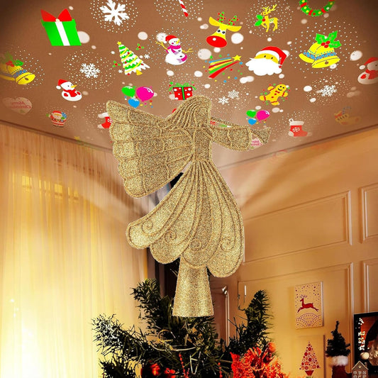 Christmas Angel Tree Topper with 6 Projection Modes, Hollowed Pentagram Tree Top with Gold Spangles Plated Plug in for Indoor Outdoor Christmas Decorations, Gold