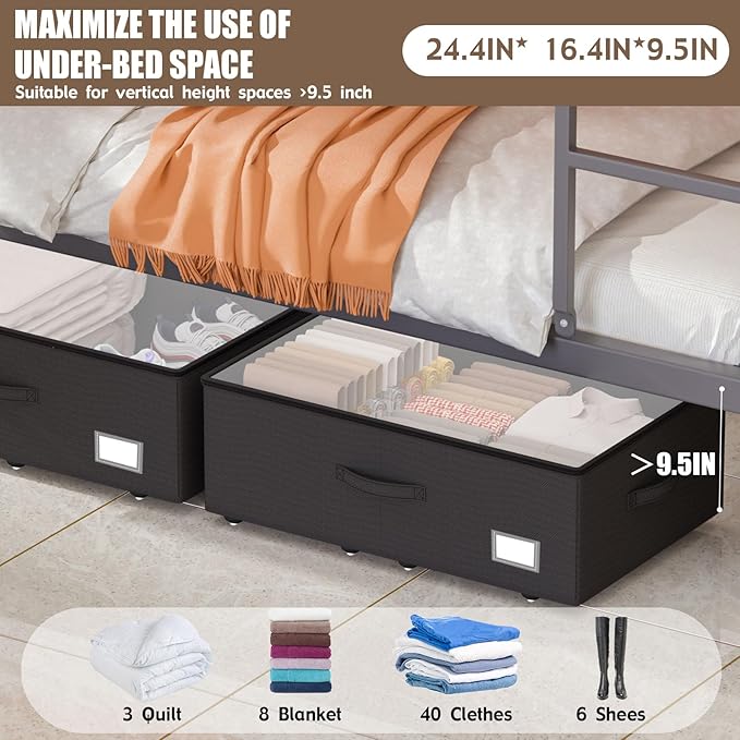 Underbed Storage Bins With Wheels, No Assemble Required 10 inches Height Large Capacity Rolling Underbed Shoe Storage Containers，Dorm Underbed Storage Drawers