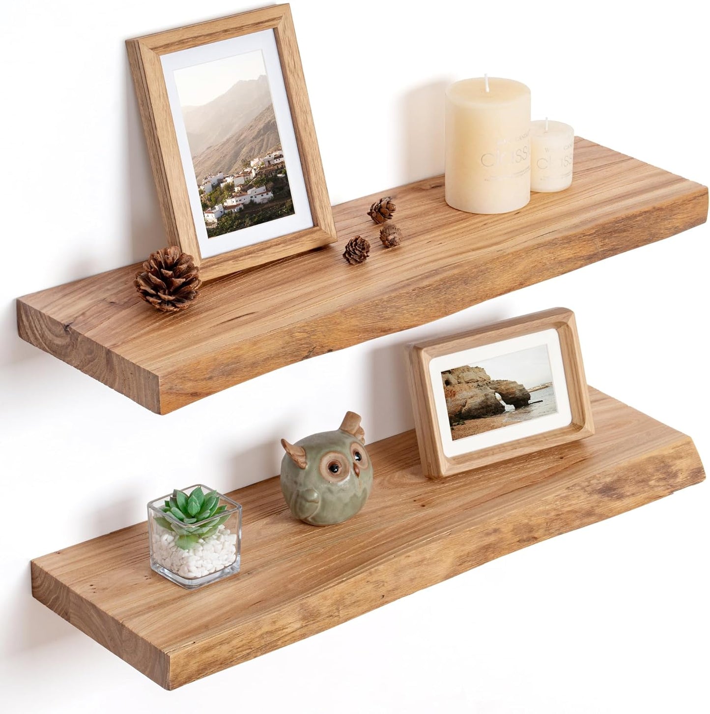 Floating Shelves for Wall Decor, Rustic Solid Elm Wood Floating Shelves Wall Mounted, Wall Shelves with Invisible Bracket for Living Room Bathroom Bedroom Kitchen, 24 Inch Set of 2, Natural