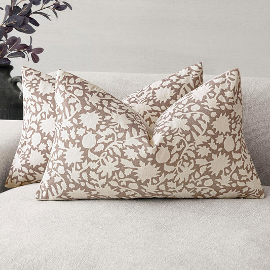 Foindtower Set of 2 Decorative Neutral Floral Lumbar Throw Pillow Covers Accent Farmhouse Cushion Covers Boho Vintage Pillowcase for Couch Sofa Bedroom Living Room Home Decor Outdoor,12×20 Inch,Tan