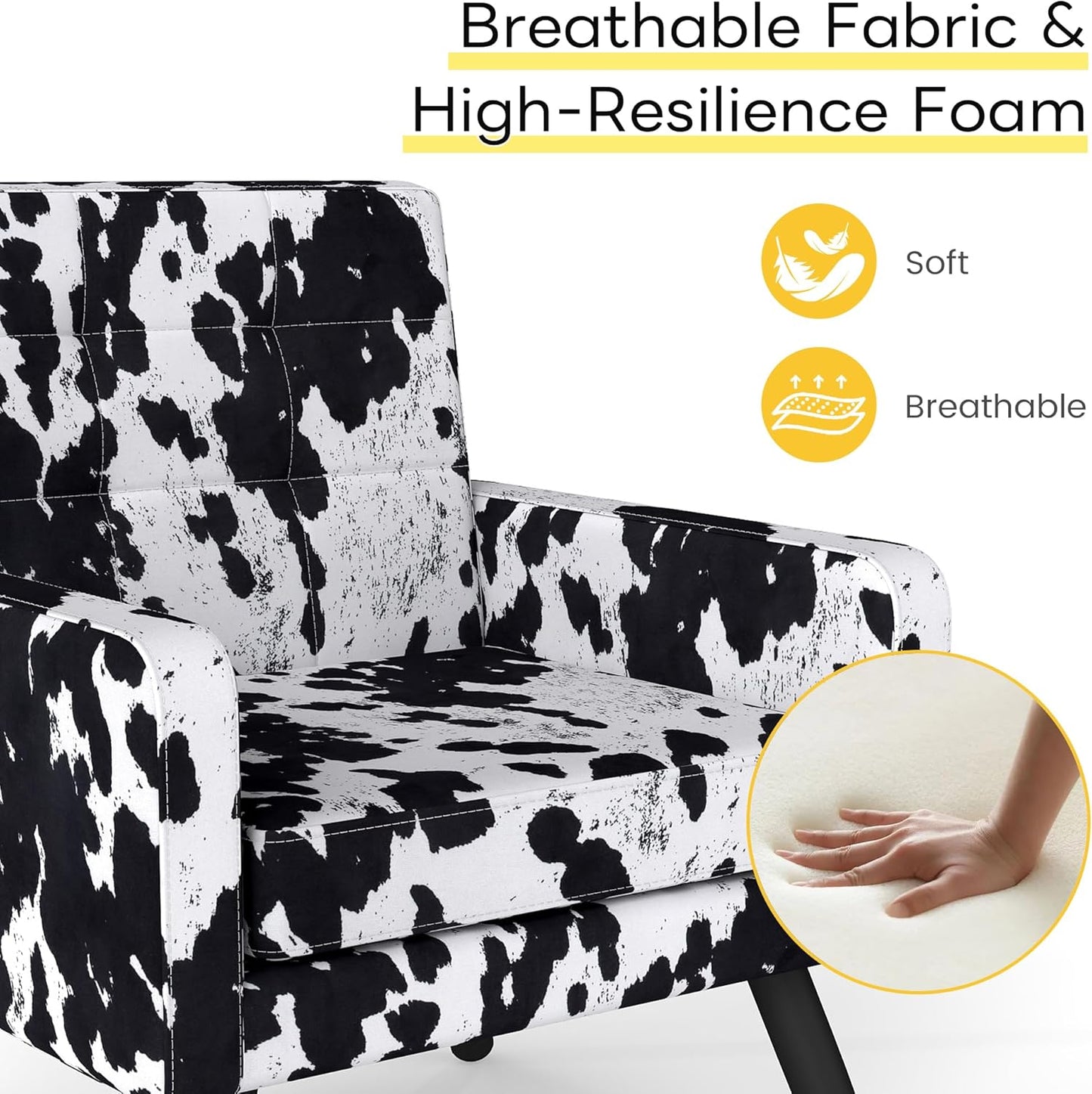 Kromax Mid-Century Modern Accent Chair for Living Room, 496 Lb. Weight Capacity, Dual Armrests, Comfy Extra Large Seat, Timeless Style Perfect for Reading & Relaxing, Cow Pattern