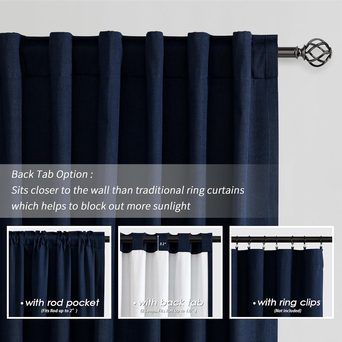 BOODII 100% Blackout Curtains for Bedroom 95 Inch Length 2 Panels Set Room Darkening Linen Curtains Navy Blue Black Out Curtain Thermal Insulated for Living Room Window Drapes Back Tab 52x95