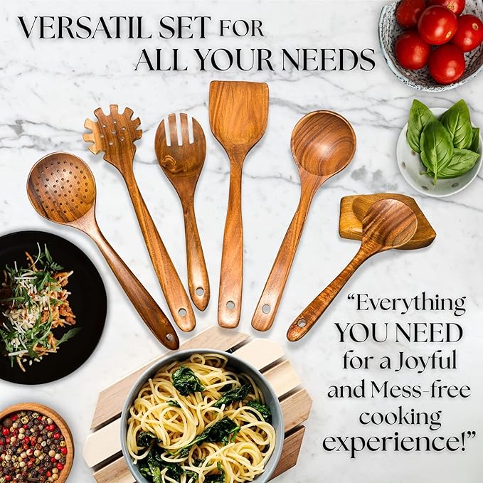 Wooden Spoons for Cooking - 8 Piece Natural Teak Kitchen Utensil Set Non Toxic - Teak Wooden Utensils with Spoon Rest and Holder