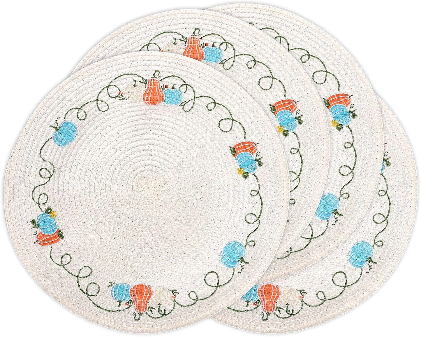 Whaline 4Pcs Round Fall Placemats Pumpkin Embroidered Place Mats Autumn Dinner Table Mats for Home Harvest Thanksgiving Holiday Party Decor