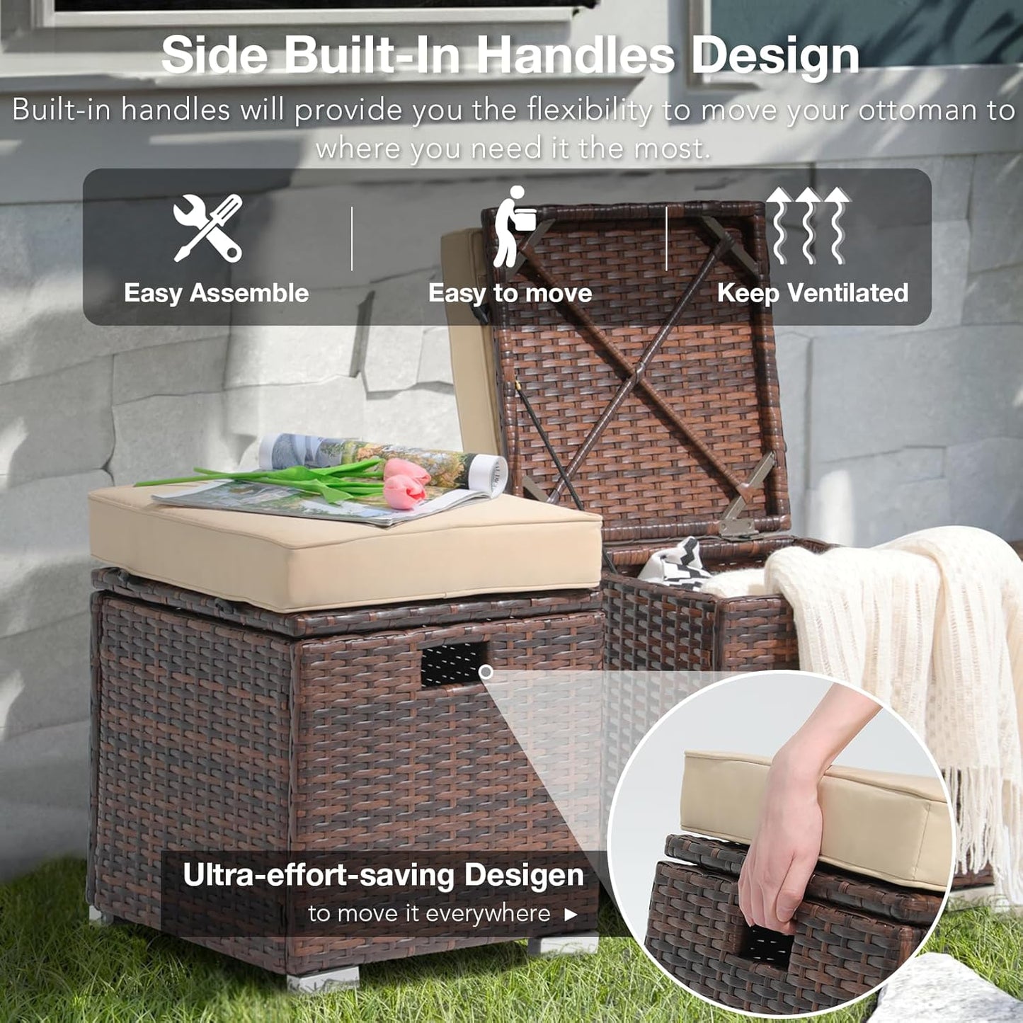 Patiorama 2 Piece Outdoor Patio Ottomans, All-Weather Brown PE Rattan Wicker Ottoman with Storage, Outdoor Footrest Footstool Seat w/Thick Cushion, Built-in Handle for Backyard Poolside Porch (Beige)