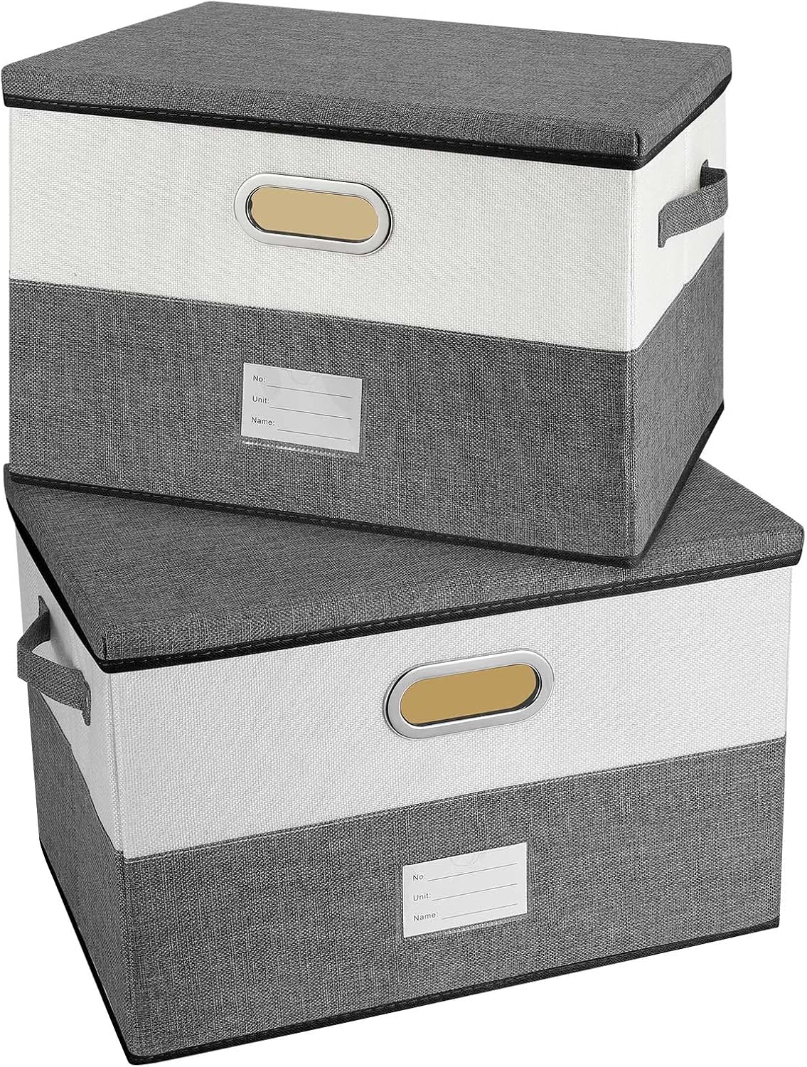 Large Linen Fabric Foldable Storage Bins with Removable Lid and Handles, Washable Storage Box Organizer Containers Baskets Cube with Cover for Bedroom,Office (Grey&Cream, Medium(2-Pack))
