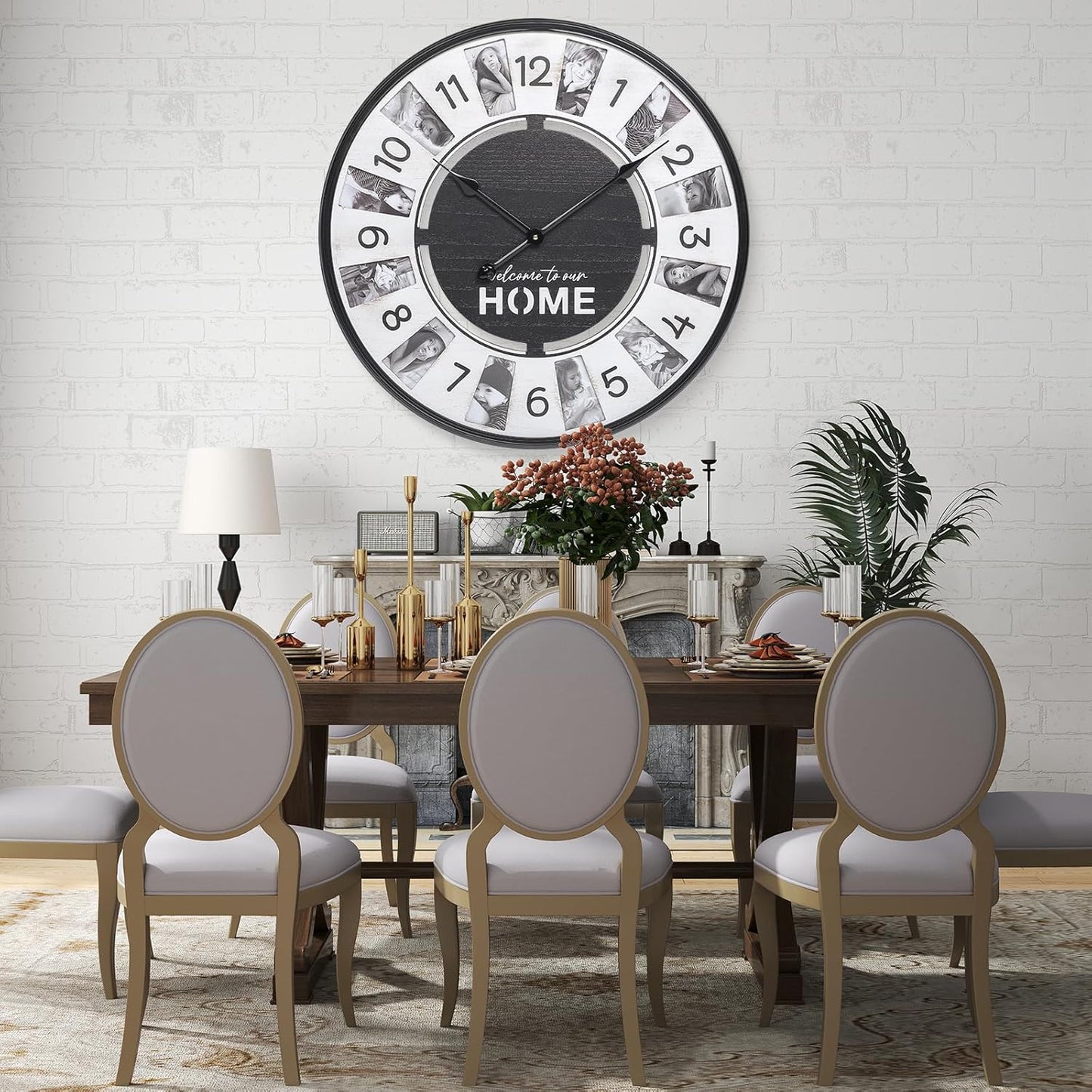 12 Photo Collage Rustic Farmhouse Wood Wall Clock,Large Wall Clock for Living Room Decor, Modern Big Wall Watch Battery Operated Decorative Clock with Personalized Frames for Bedroom,Wall Black