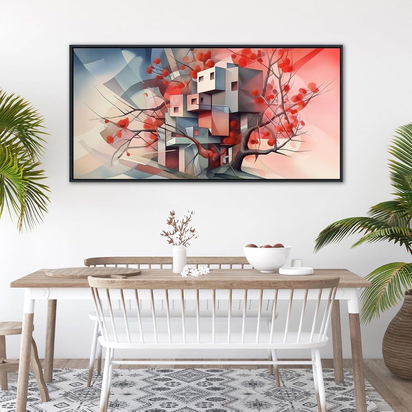 QZQCBLC Abstract Canvas Wall Art, Pink Geometry Ultra Modern Gallery Wall Pictures Grey Tree House Canvas Paintings Framed Artwork for Living room Bedroom kitchen Bathroom Home Decor 20x40 IN