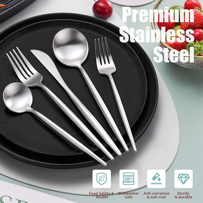 Matte Silverware Set for 6,Modern Stainless Steel Brushed Cutlery Set,30-Pieces Heavy Duty Flatware Set,Knives Spoons and Forks Set Utensils Set, Satin Finish, Dishwasher Safe
