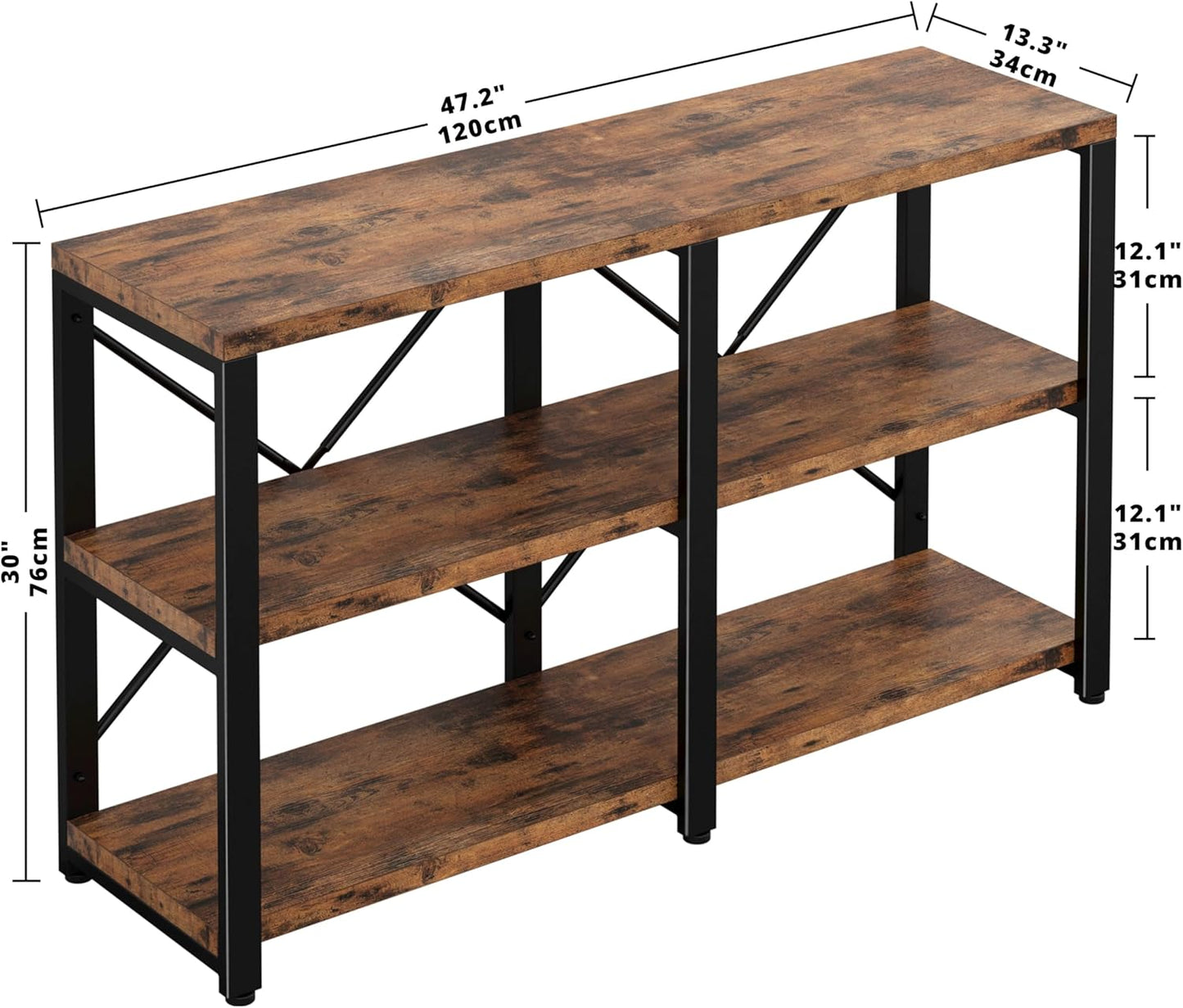 IRONCK Rustic Entryway Console Table, Long Hallway Table 47 in 3-Tier, TV Stand Entertainment Center Media Stand for Living Room, Industrial Style, Vintage Brown