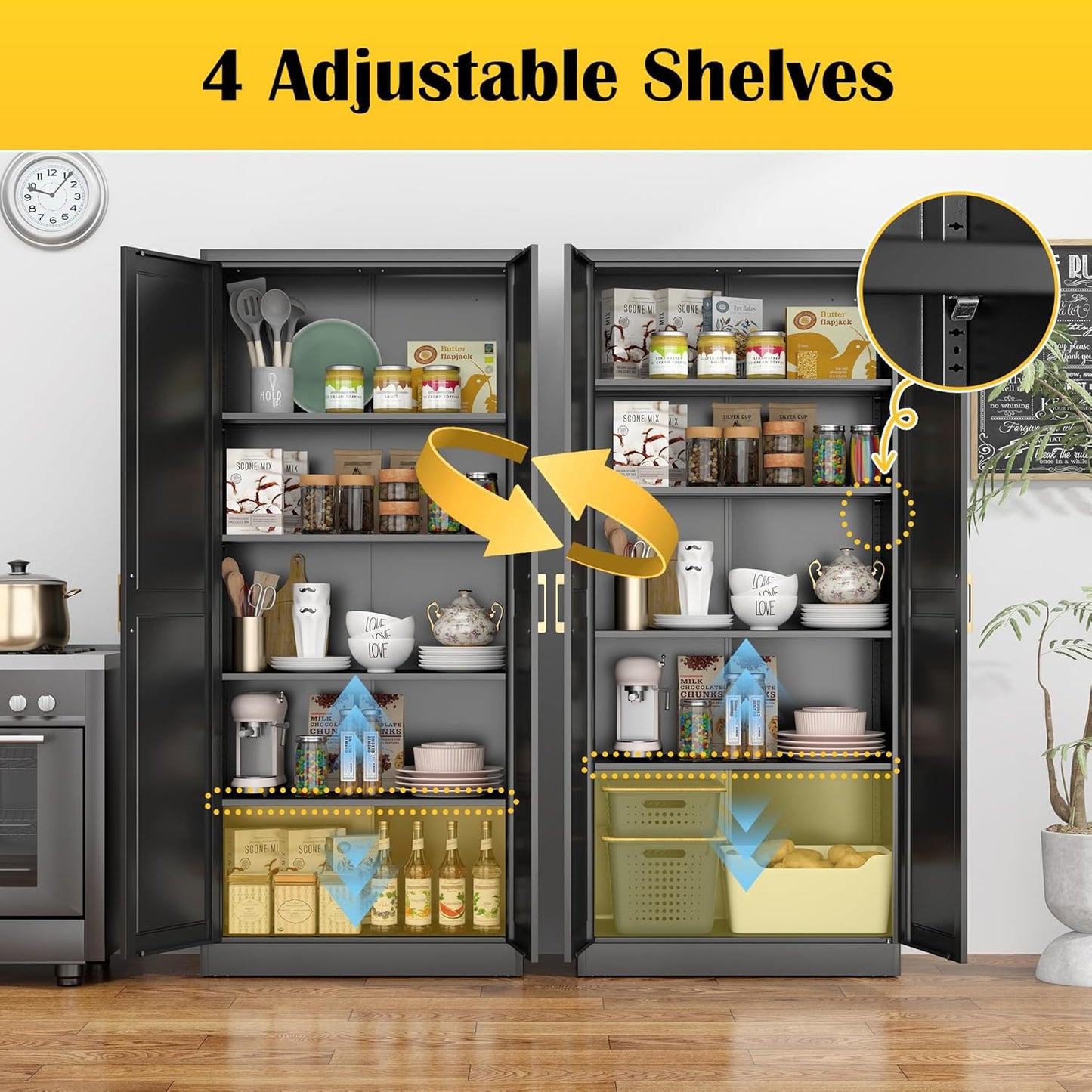Kitchen Pantry Cabinet,71”Black Metal Pantry Storage Cabinet with Doors and 4 Adjustable Shelves,Kitchen Cabinet with 2 Gold Handles,Tall Cabinet for Livingroom,Pantry, Bathroom