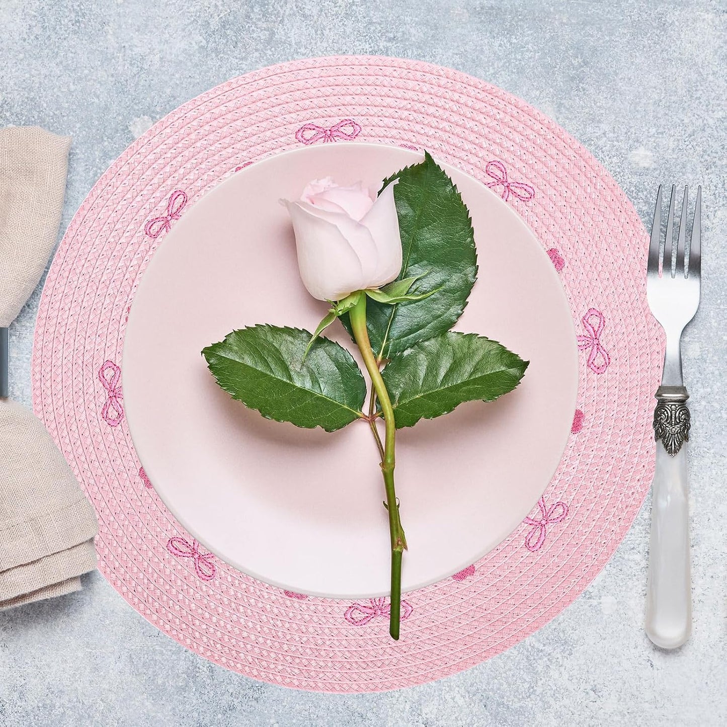 Whaline 4Pcs Round Placemats Pink Bow Embroidered Place Mats Coquette Bow Dinner Table Mats for Home Wedding Baby Shower Birthday Party Decor