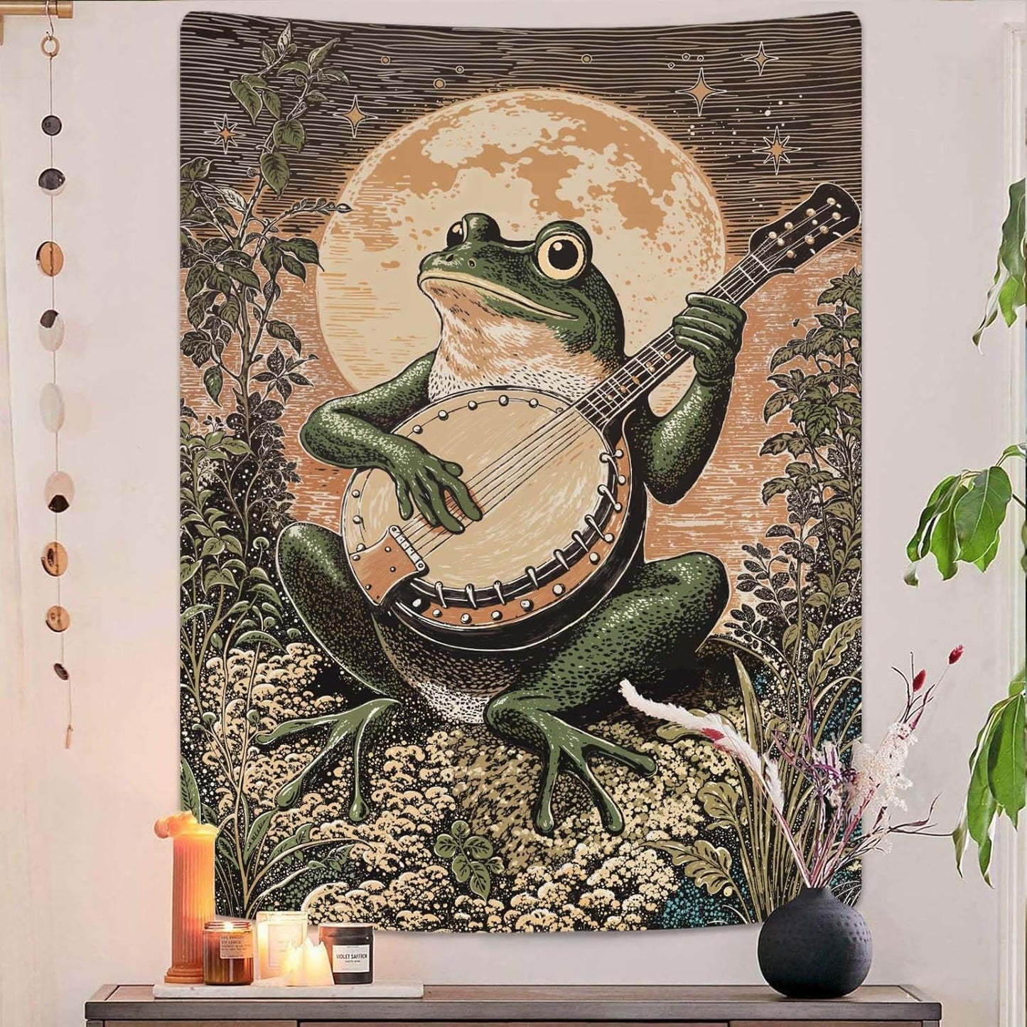 Lunerfex Moonlit Banjo Frog Wall Tapestry, Whimsical Amphibian Musician Tapestries for Room Decor, Folk Art Tapestry 44L x 60W