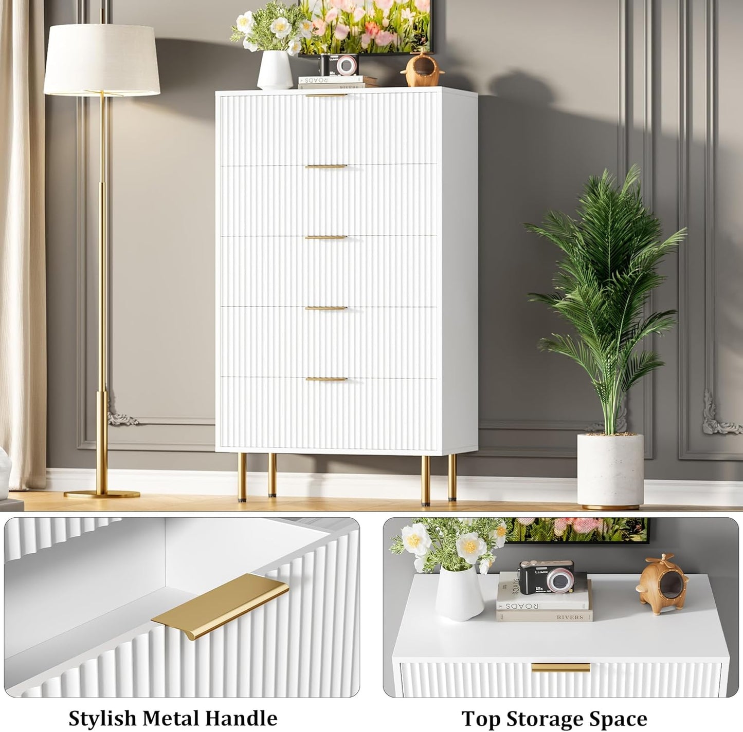 Fluted Wood Dresser 5 Drawers Dresser for Bedroom, Modern White Tall Dressers with Gold Handle, Wood Drawer Organizer for Bedroom, Living Room, Hallway, Entryway