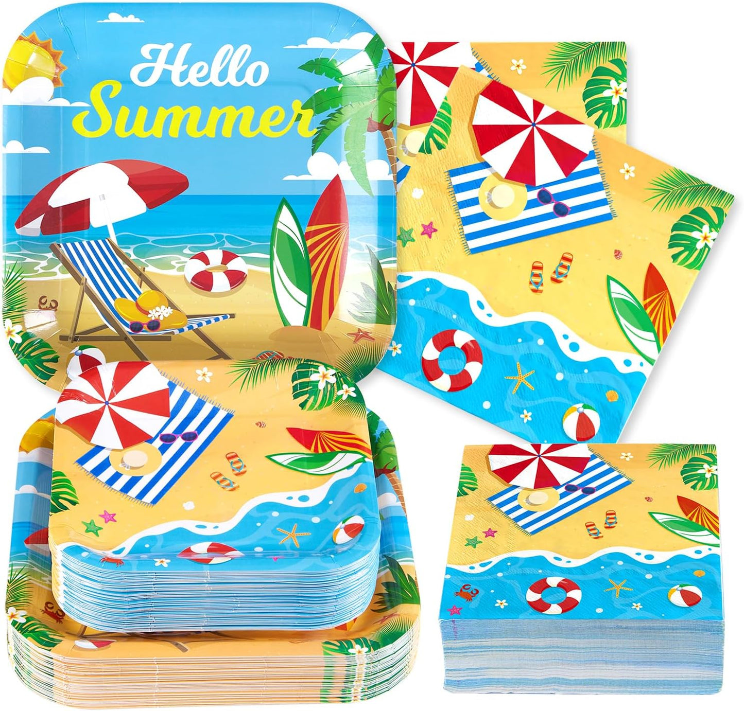 Grencian 200Pcs Beach Party Supplies Hello Summer Party Plates and Napkins Disposable Summer Pool Paper Tableware Set for Hawaiian Beach Pool Birthday Baby Showe Decorations, Serves 50