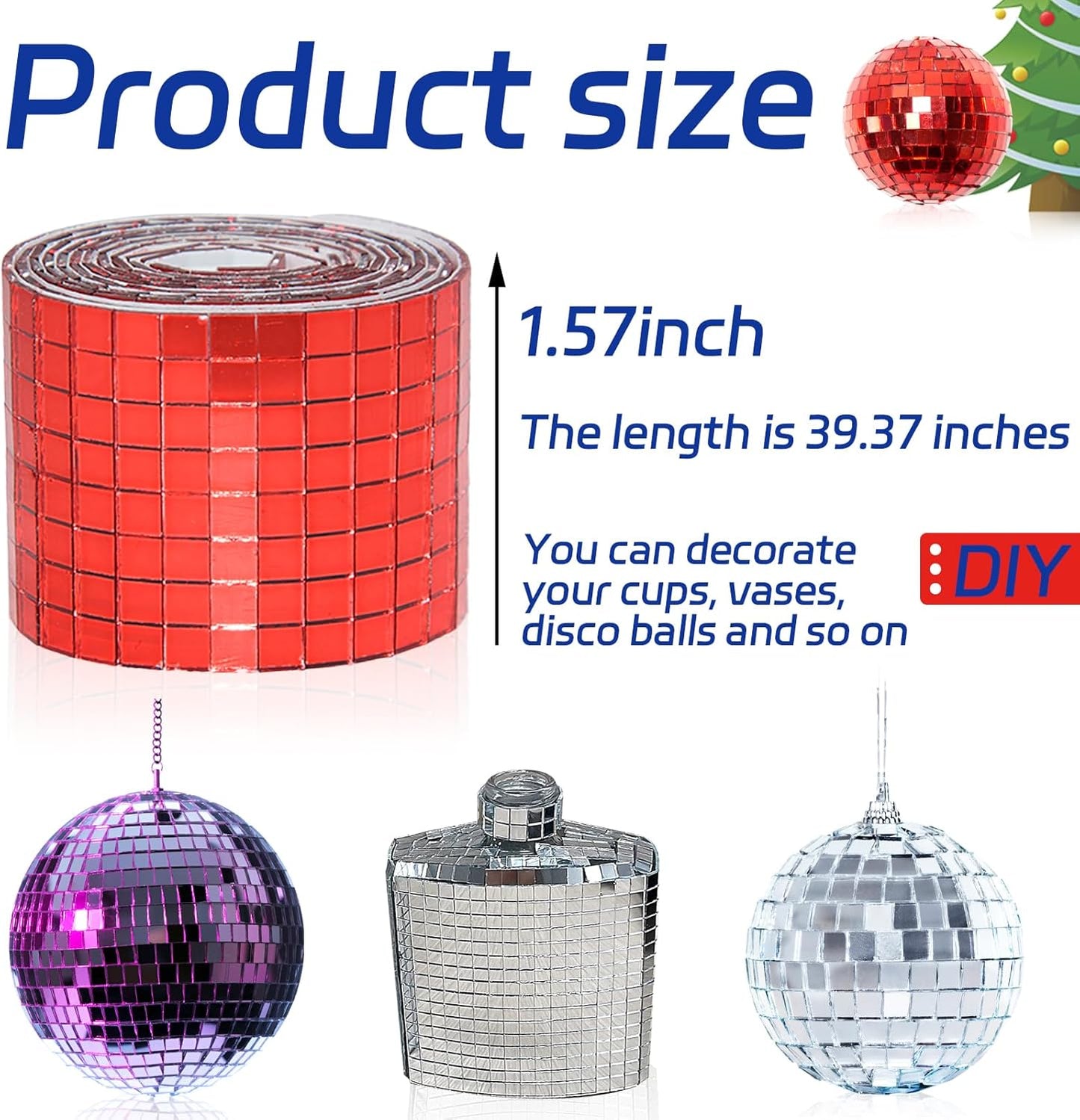 Red Self-Adhesive Glass Mirror Mosaic Tiles, 5 x 5 mm Square, 3200 Pieces, Disco Ball Tiles for DIY Craft, Interior, Art Collage, Card Making, Cups