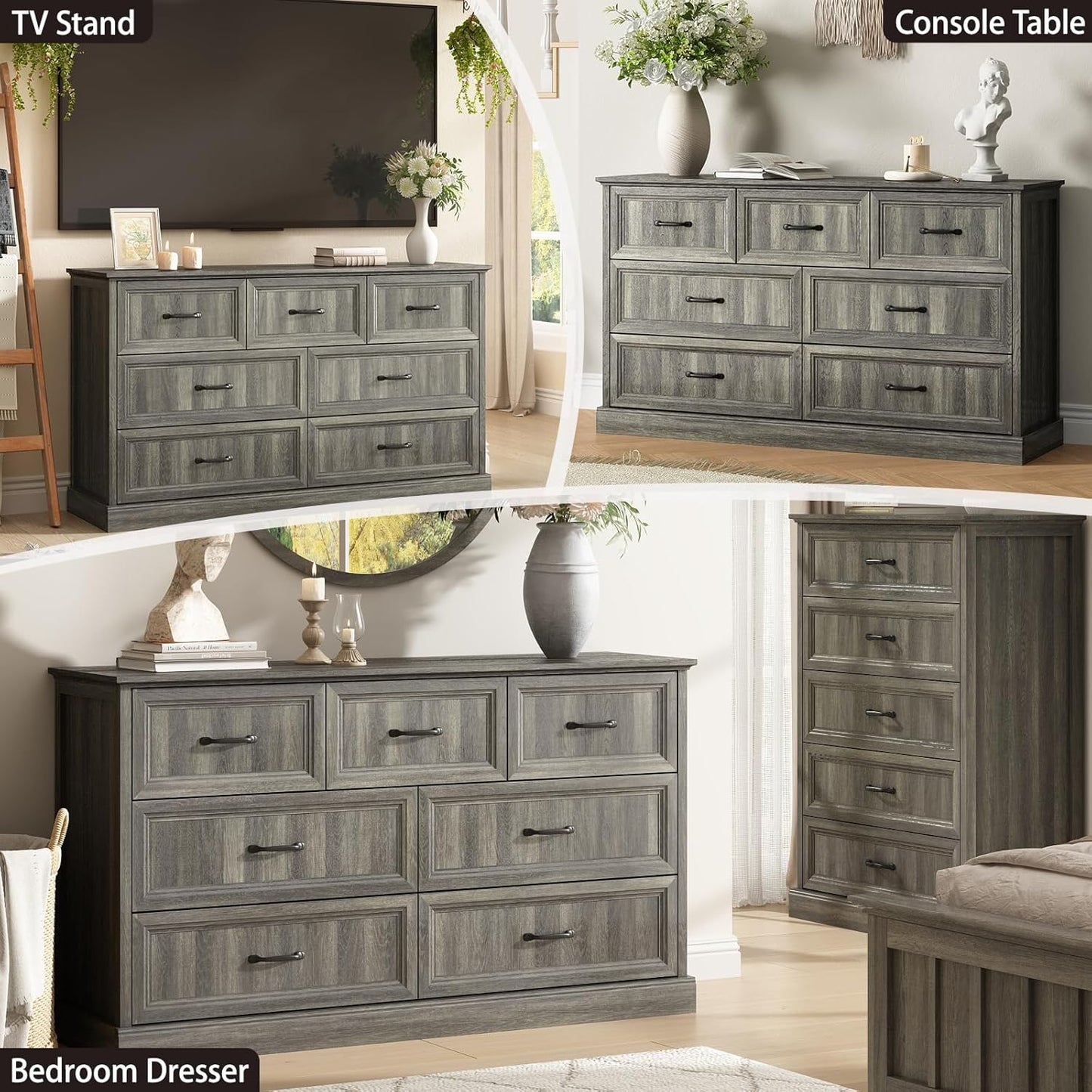 Farmhouse 7 Drawer Dresser for Bedroom, 55 Inch Wide Modern Grey Dresser TV Stand with Large Drawers & Bar Handles, Rustic Wood Chest of Drawers for Bedroom, Living Room, Hallway, Entryway.