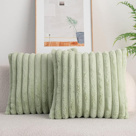 DEELAND Pack of 2,Double-Sided Faux Fur Plush Decorative Throw Pillow Covers Fuzzy Striped Soft Pillowcase Cushion Covers for Sofa Couch Bedroom Green 26x26 inch