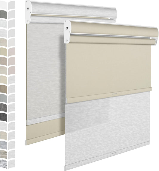 BERISSA Dual Roller Shades with Cassette Valance, Double Blackout & Light Filtering, Day & Night Shades for Home Office. Beige Linen & White, Custom Sizes