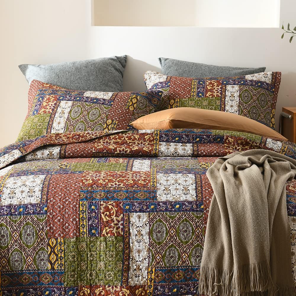 Cotton Bedspread Quilt Sets Reversible Coverlet Sets Comforters Vintage Bohemian Patchwork Bedspread (Brown, Queen Size)