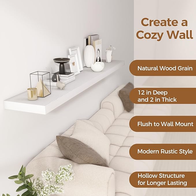 Fun Memories 72 Inch Floating Shelf, 12 Inch Deep Wall Shelf for Fireplace Mantel, Deep Storage Shelves for Home & Office, Wall Shelves with Invisible Bracket, White, Set of 1