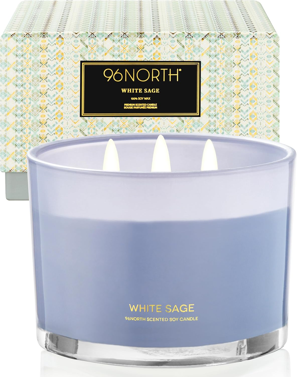 96NORTH Luxury White Sage Candle | Large 3 Wick Jar Candle | Up to 50 Hours Burning Time | 100% Natural Soy Wax | Relaxing Aromatherapy Aesthetic Candles | Housewarming Gift for Men and Women