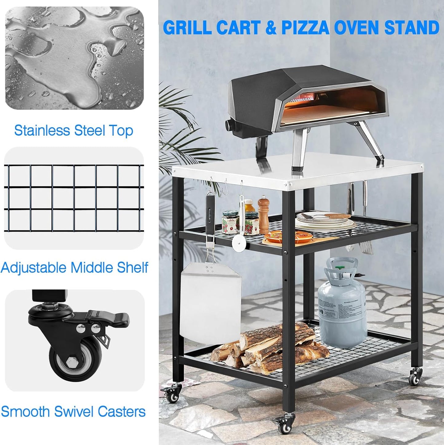 Stainless Steel Grill Cart with Cover Pizza Oven Stand with Water-Proof Cover Trolley Table with Wheels Three-Shelf Movable Food Prep and Work Cart Table Heavy Duty Grill Cart Outdoor 31.5"×24"×35.5"
