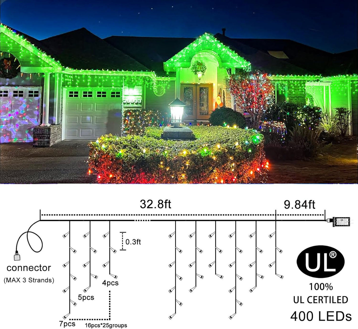 400 LED Icicle Christmas Lights Outdoor - 33FT Icicle Lights for Outside 8 Modes with 75 Drops, Plug in Waterproof Connectable Fairy String Lights for Indoor Holiday Party Christmas Decoration,Green