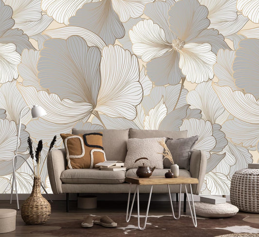 Grey and White Ginkgo Leaf Wall Mural Wallpaper for Bedroom Living Room (Not Peel n' Stick)
