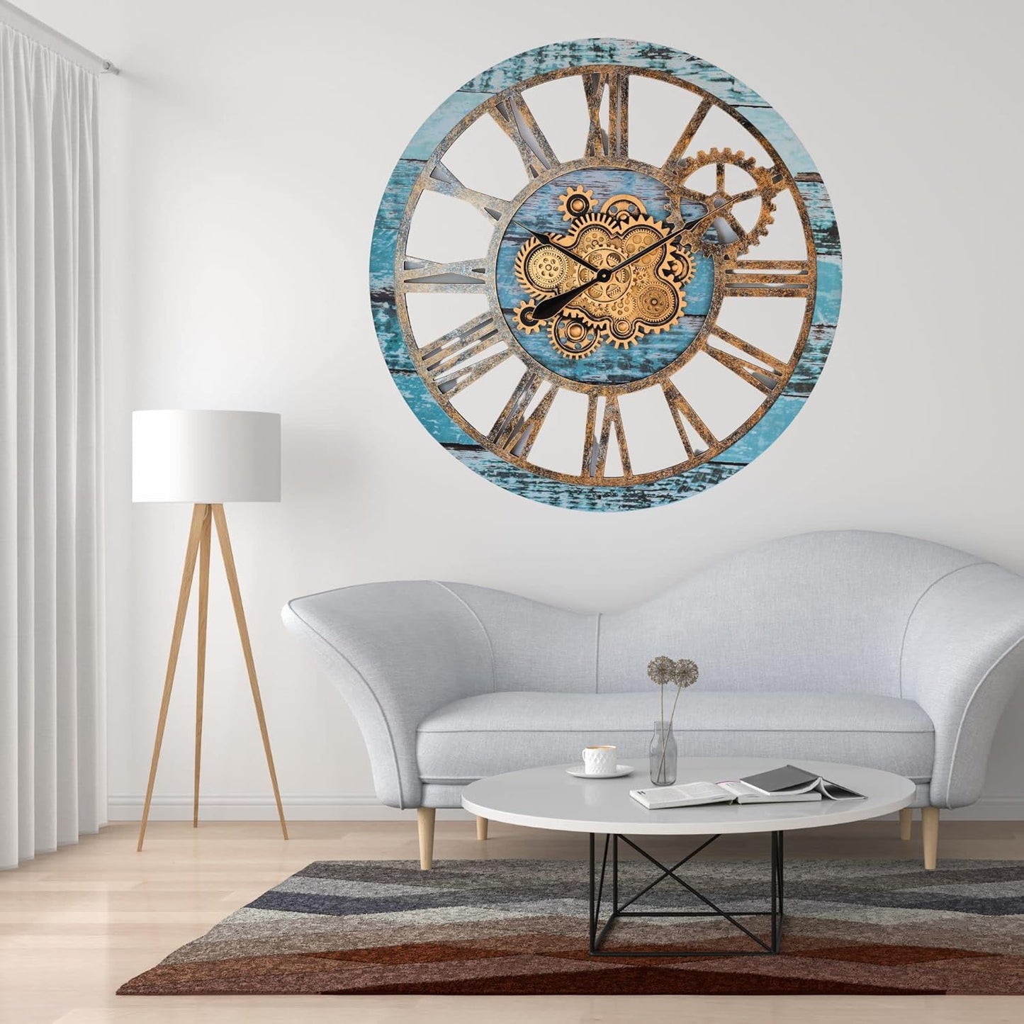 The Gears Clock 36'' Inch Real Moving Gear Wall Clock Vintage Industrial Oversized Rustic Farmhouse (Aqua Green)