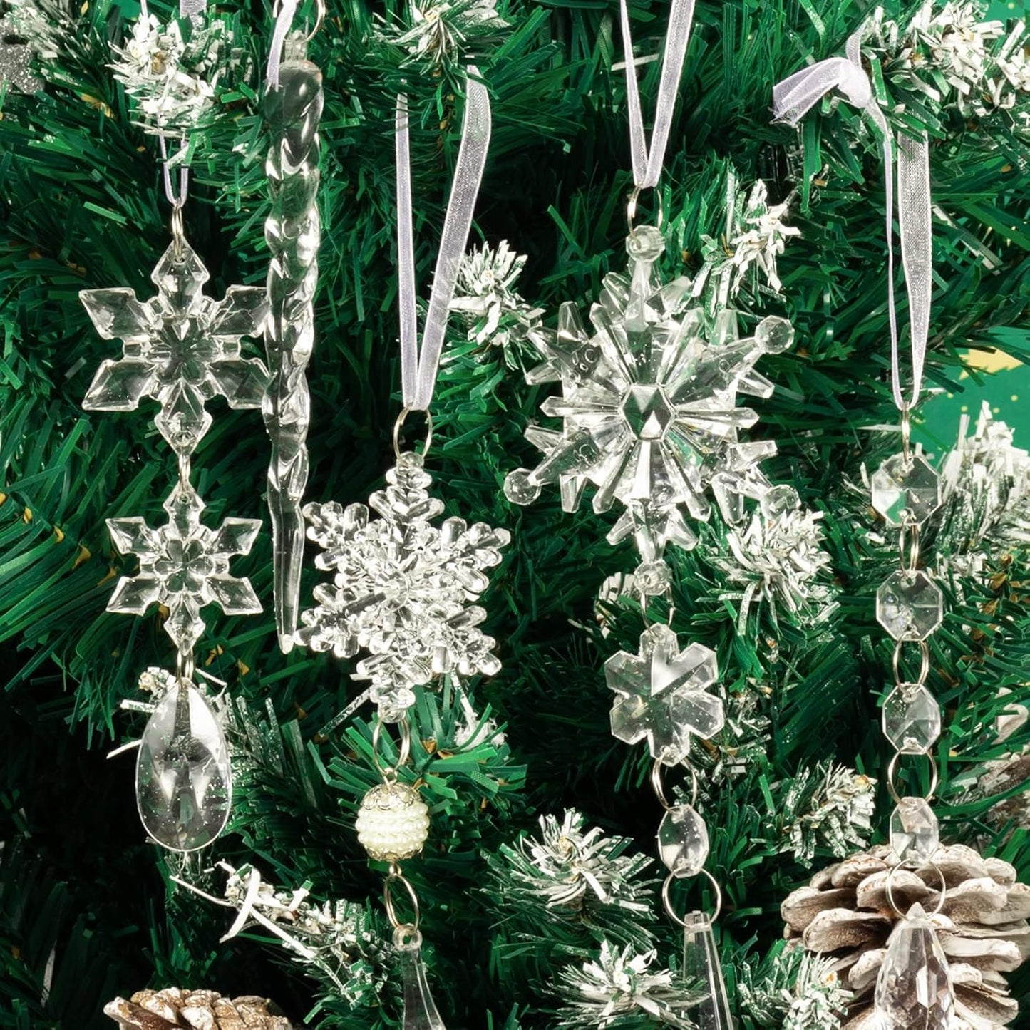 18pcs Christmas Tree Decoration Crystal Ornaments - Hanging Acrylic Christmas Snowflake Icicle Drop Crystal Ornaments for Xmas Tree Winter New Year Party Supplies