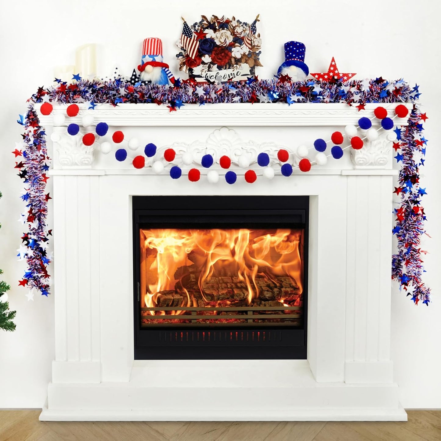 XmasExp 4th of July Pom Pom Garland Decorations - Large Felt Ball Garland for Mantle, Indoor Home Decor, Tree Ornaments, Kids Room and Party Hanging Decor,13 Ft.
