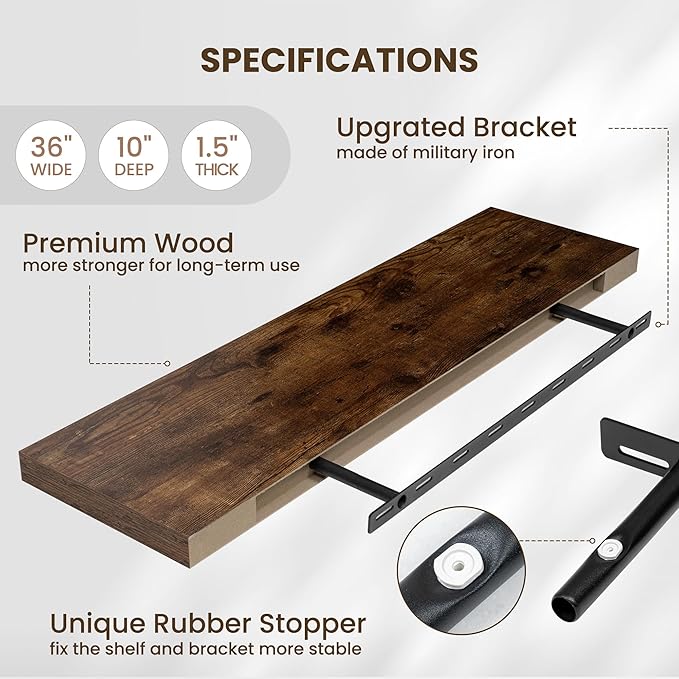 Fun Memories Floating Shelves for Wall 36 Inches, Wood Shelves with Invisible Bracket, 10" Deep Shelves Wall Mounted, Large Floating Shelves for Living Room Bathroom, Rustic Brown, Set of 2