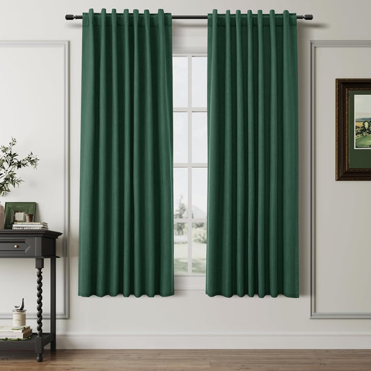 BOODII 63 Inch Blackout Curtains Green Linen Black Out Curtains for Bedroom 2 Panels Set Modern Room Darkening Curtain Thermal Insulated Curtain for Winter Window Drapes Back Tab 52x63