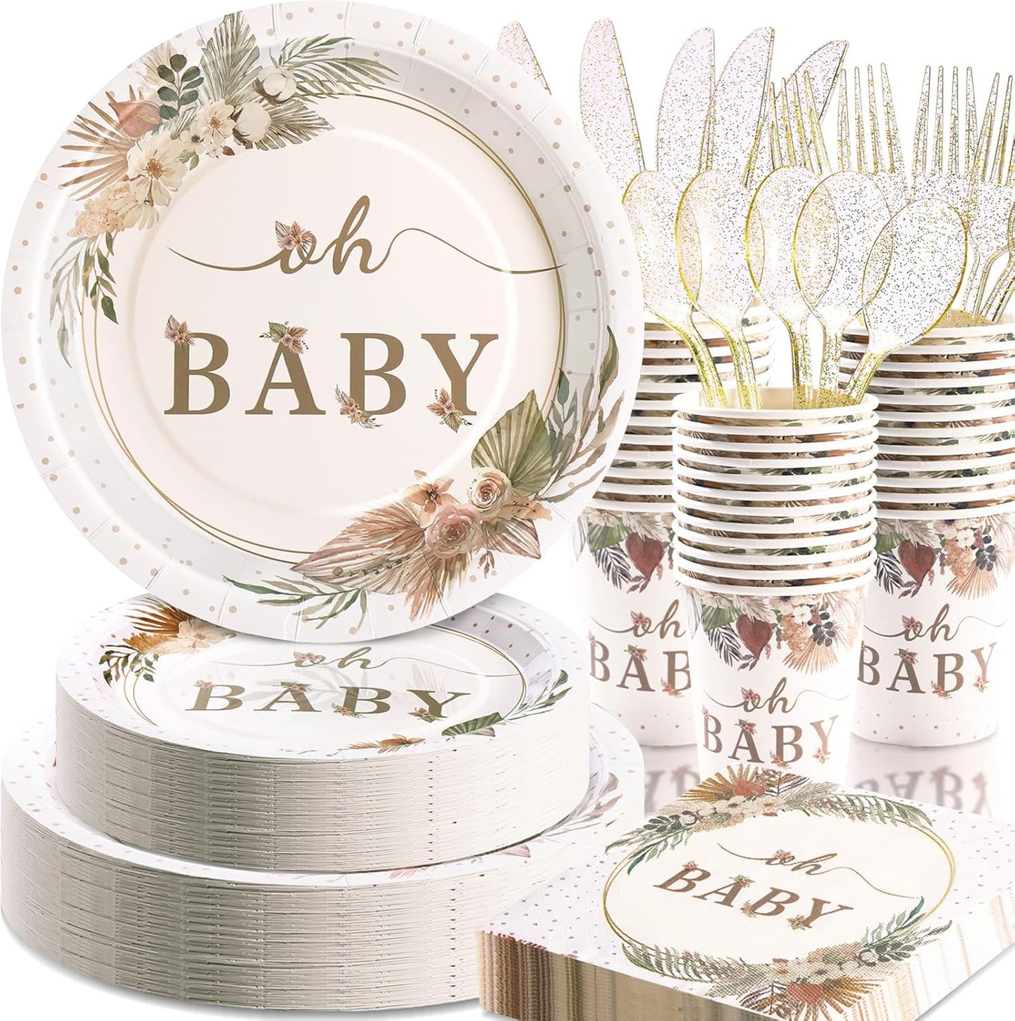 350 Pcs Boho Baby Shower Decorations for Girl, Baby Shower Plates and Cups and Napkins Sets, Oh Baby Plates for Western Sweet Baby Girl, Summer Fall Gender Neutral, Serves 50