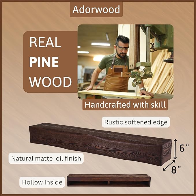 Handmade Fireplace Mantel Shelf 72", Extra Wide Rustic Wood Mantles for Over Fireplace, Wall Mounted Floating Mantel Shelves for Living Room Decor (Dark Walnut, 72Lx6Hx8D)