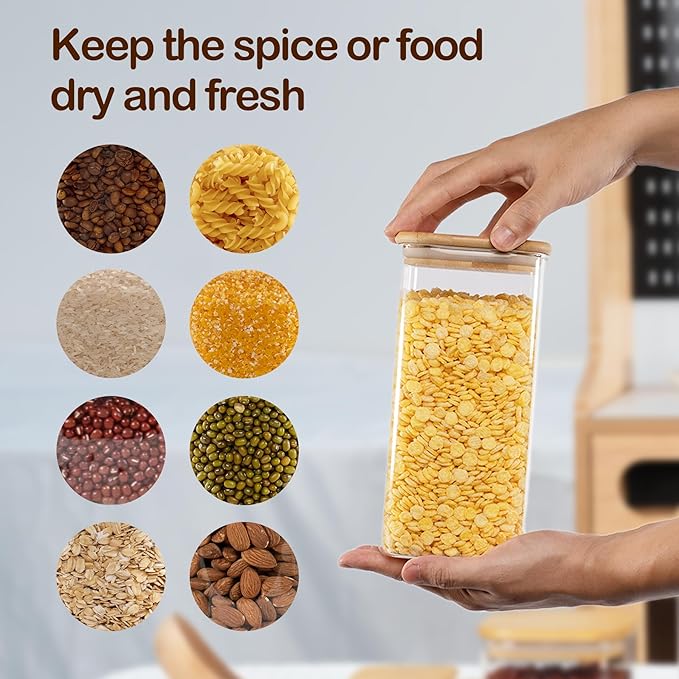 52oz Airtight Glass Square Storage Canister with Bamboo Lid Set of 3 (1550ml) Container Stackable Spice Jar, Kitchen Canister for Flour, Cookies, Cereal and Coffee beans (‎with Black Lable)
