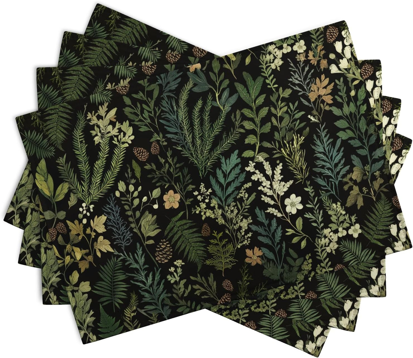 Black Sage Green Plant Placemats Set of 4 Vintage Botanic Fern Leaves Herb Floral Place Mats Rustic Farmhouse Linen Fabric Table Mats for Party Kitchen Dining Outdoor Indoor Decor