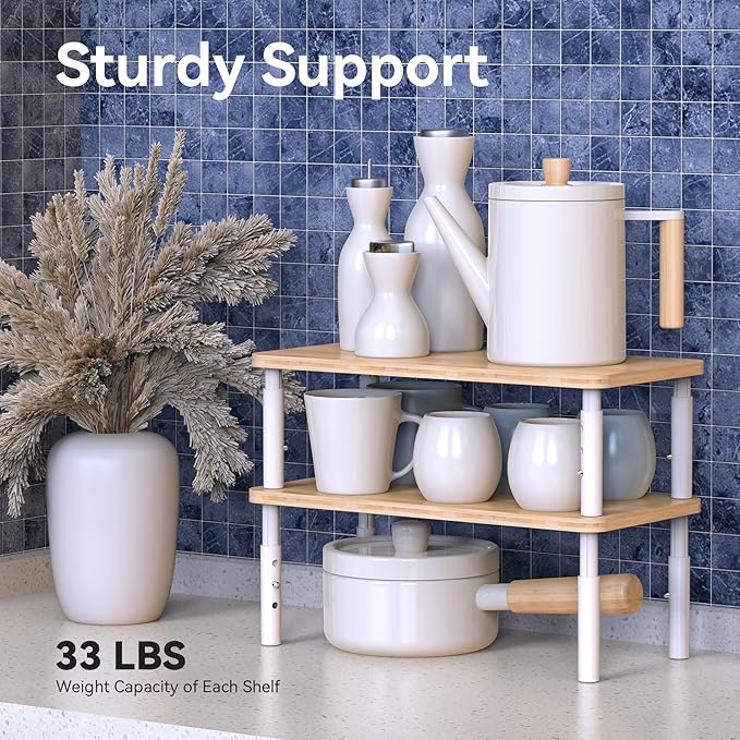 Cabinet Organizer Shelf, Spice Rack Set of 2 Kitchen Pantry Cupboard Shelves, Stackable, Height Adjustable, Natural Bamboo (15.6" W)