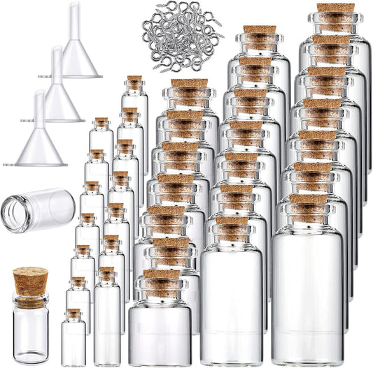 Geiserailie 45 Pcs Mini Glass Bottles with Cork Stoppers Spell Jar Clear Wishing Jars with 50 Eye Screws 3 Funnels for Wedding Party Favors DIY Art Crafts Decoration, 5 Sizes