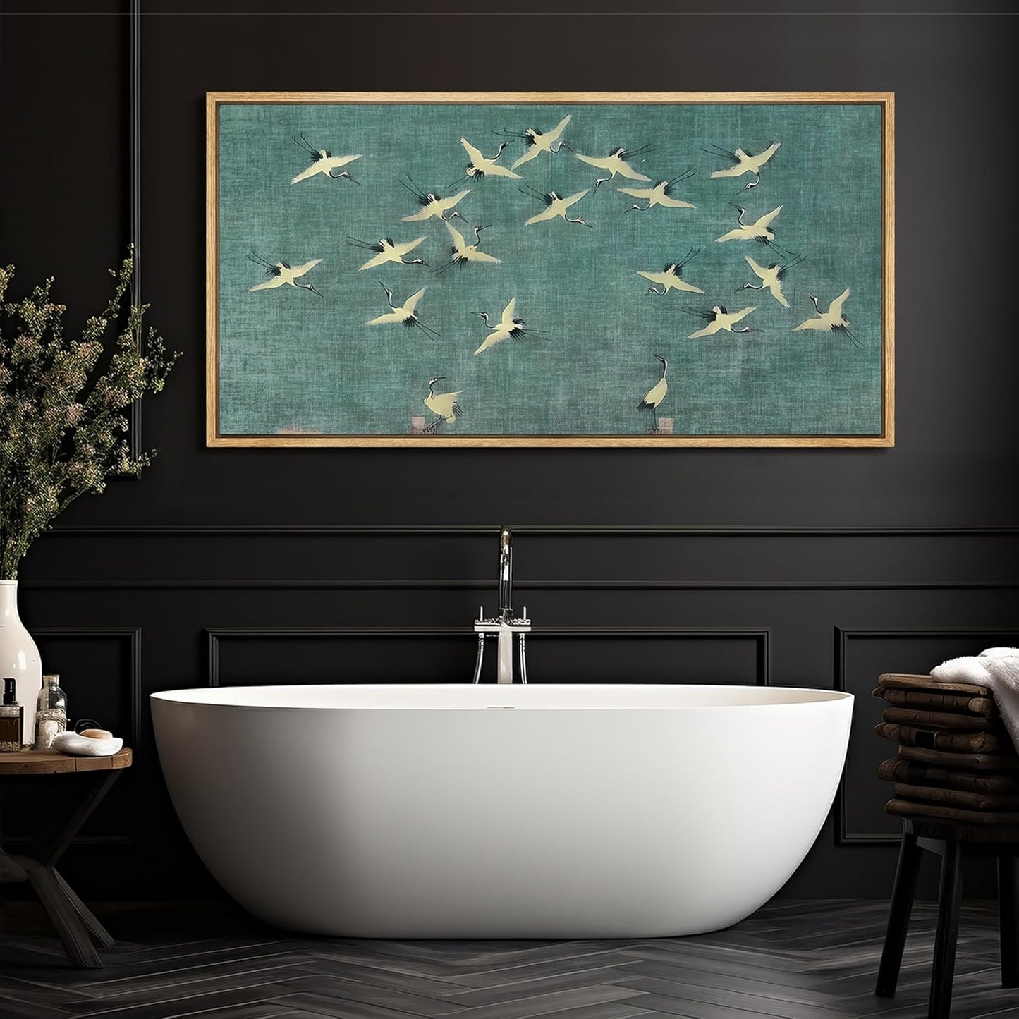 MUDECOR Extra Large Framed Canvas Print Wall Art Serene Skies White Birds in Flight on Teal Antique Retro Fine Art Illustrations Decorative Colorful for Bedroom - 60"x30"