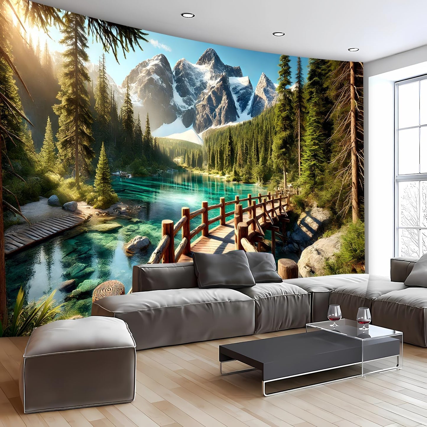 BSFHH Nature Tapestry Forest Tree Sea Cave Wall Hanging, Stream Through Rainforest Landscape Wall Art Tapestry for Bedroom Living room (Snow Scene, 110" × 87", Unframed)