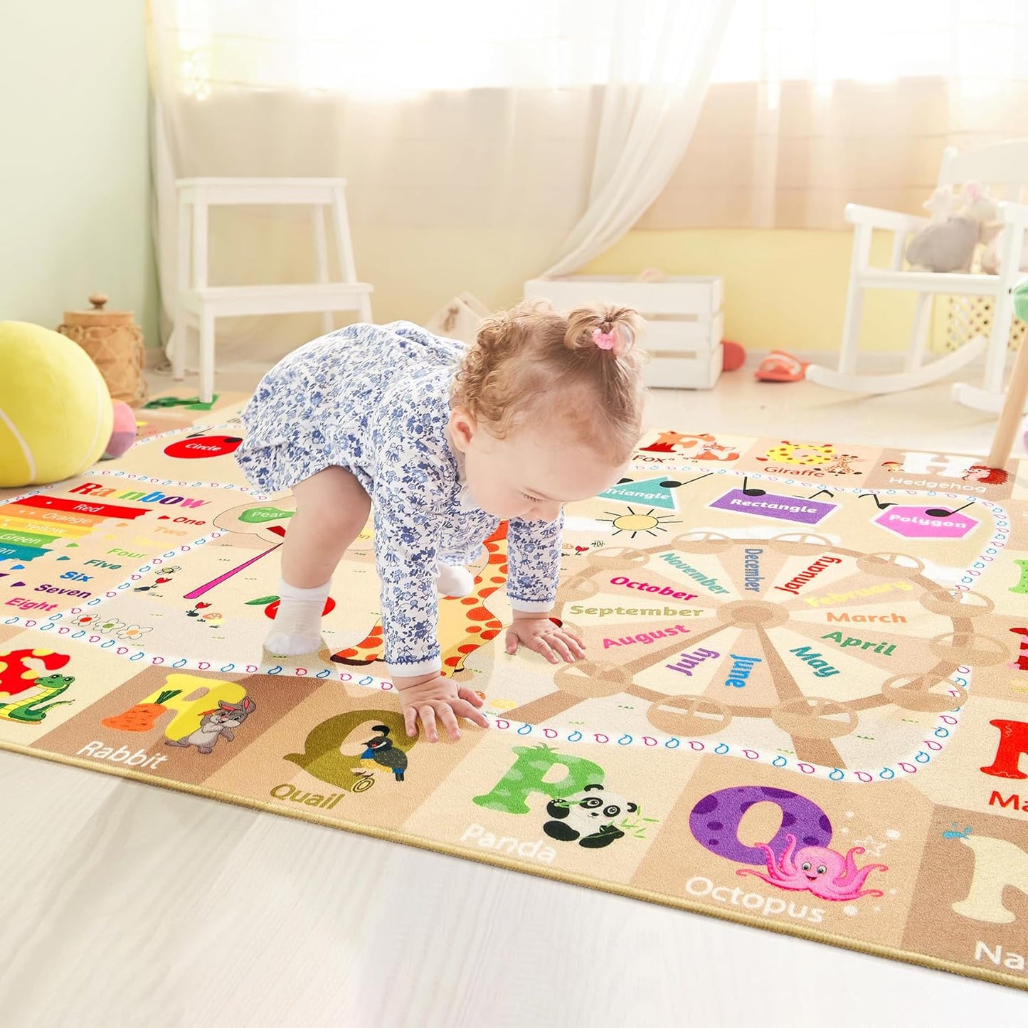 Kids Rugs for Playroom Washable, Educational and Fun Learning Rugs with ABC Alphabet Animals Shapes, Baby Toddler Children's Play Mat for Bedroom Classroom Nursery, 3x5 Feet, Beige and Pink